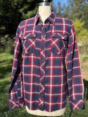 DULUTH TRADING CO Red Navy White Plaid Button-Up Flannel Shirt Sz M